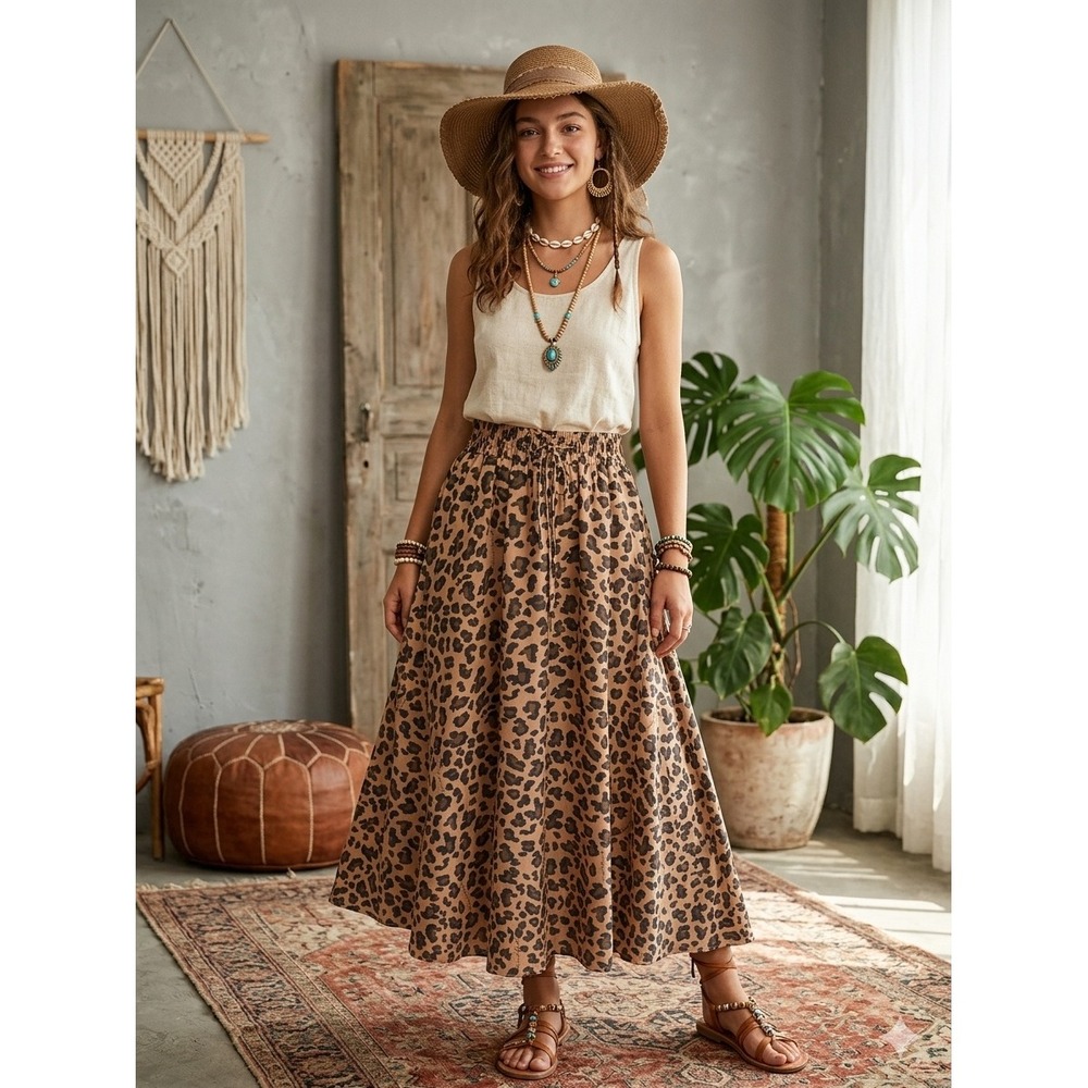 Boho Leopard Print Maxi Skirt - Tan